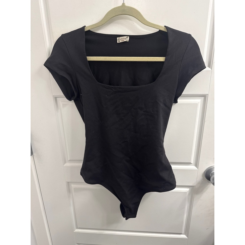 Intimately Free People Womens Square Neck Cap Sleeve Bodysuit Black Size M
